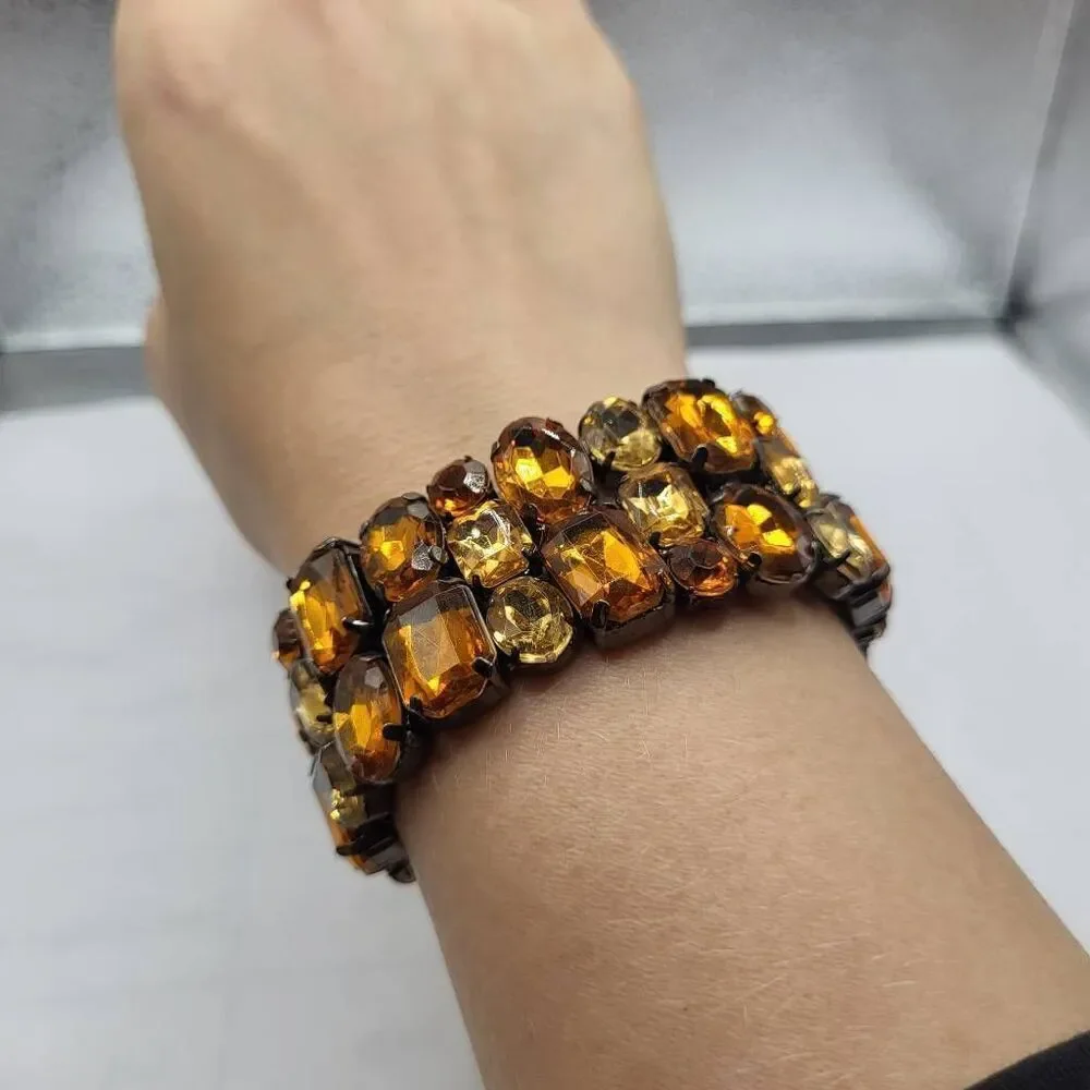 Chunky Topaz Colored Prong Set Stretchy Wide Bangle Bracelet